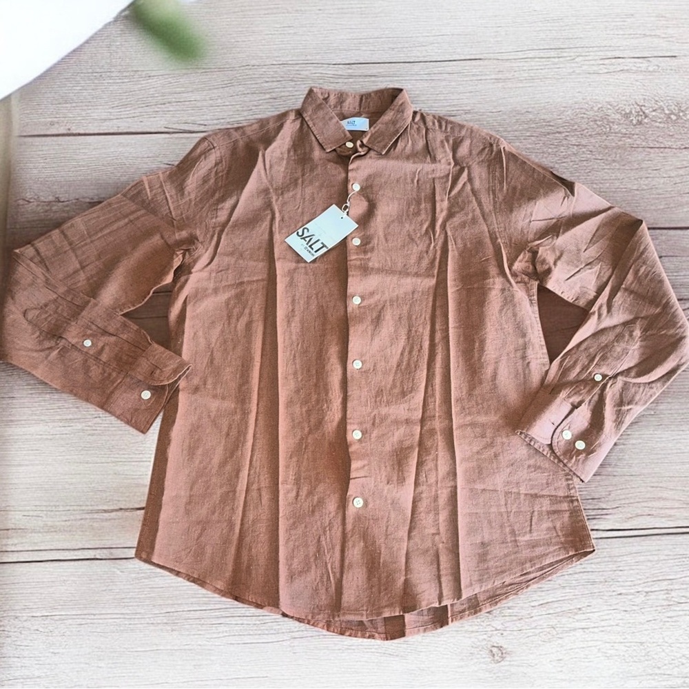 SALT Men’s Brown Linen Cotton Blend Long Sleeve Button Down Shirt Size M ~ NWT